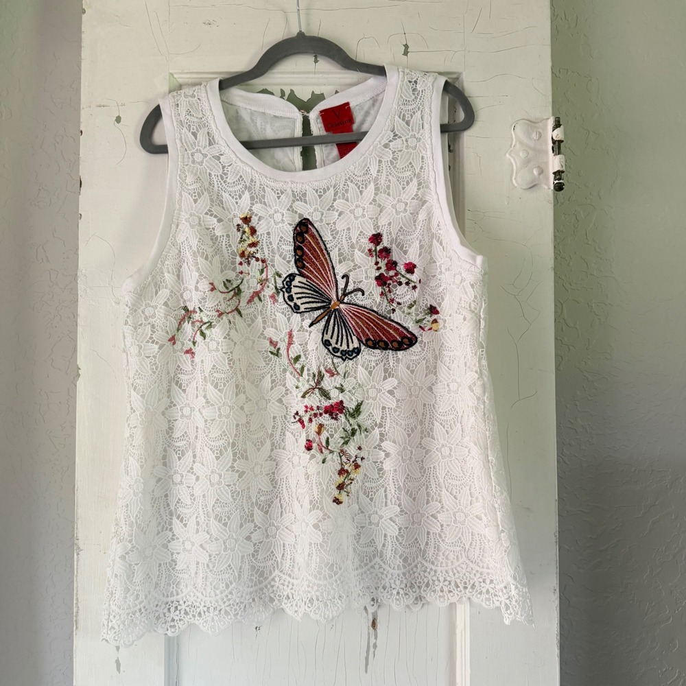 V Cristina White Lace Butterfly Embroidered Sleeveless Top XL Floral Scallop Hem